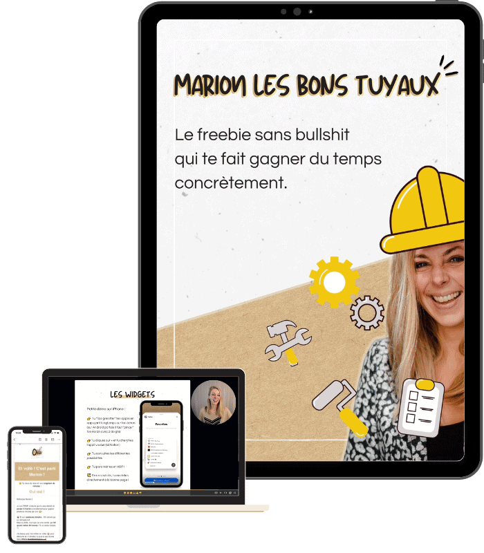 Visuel d'un ordinateur, d'une tablette et d'un téléphone contenant des images du produit gratuit Marion les bons tuyaux